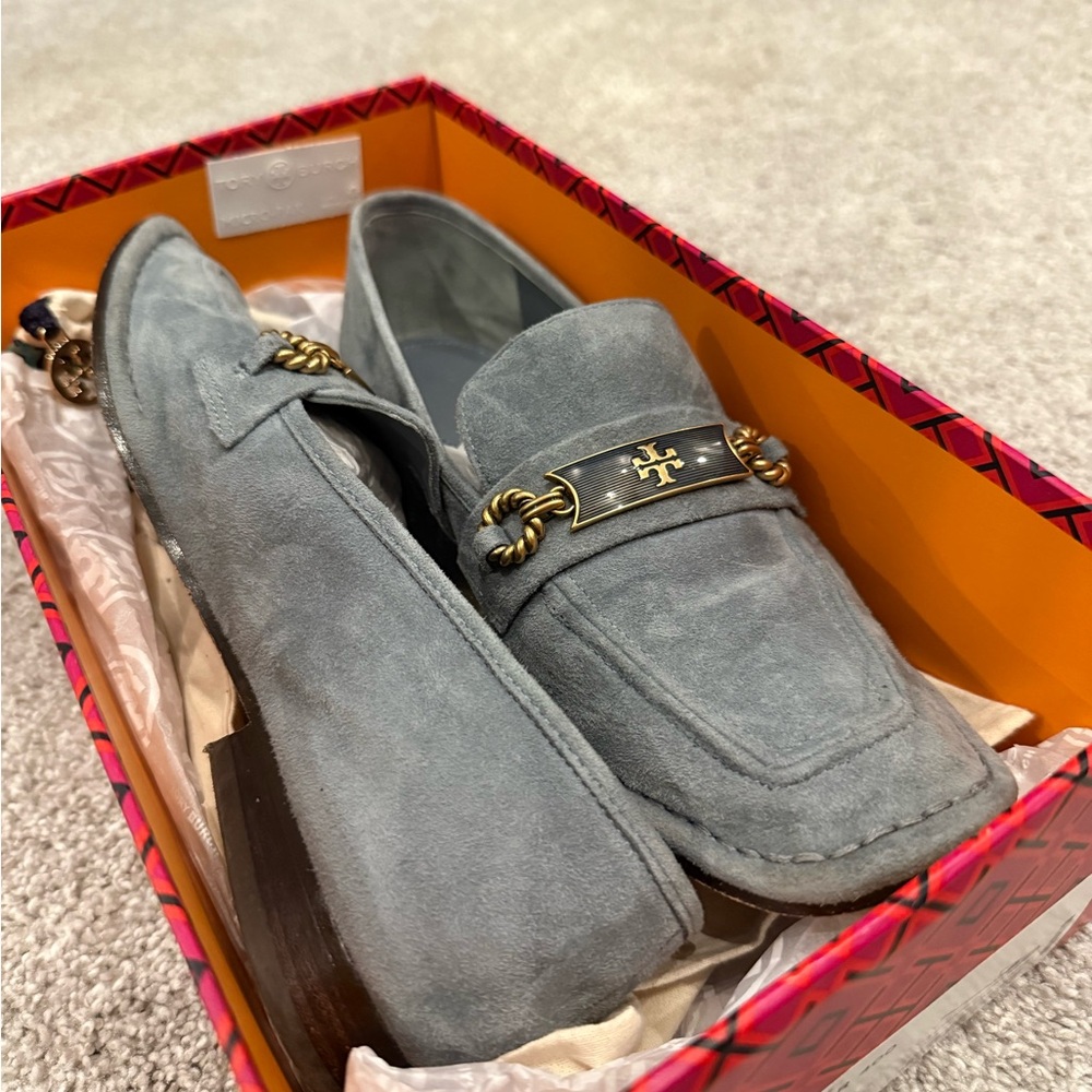 Tory Burch blue Perrine Loafers Amore- Suede with Gold Accents